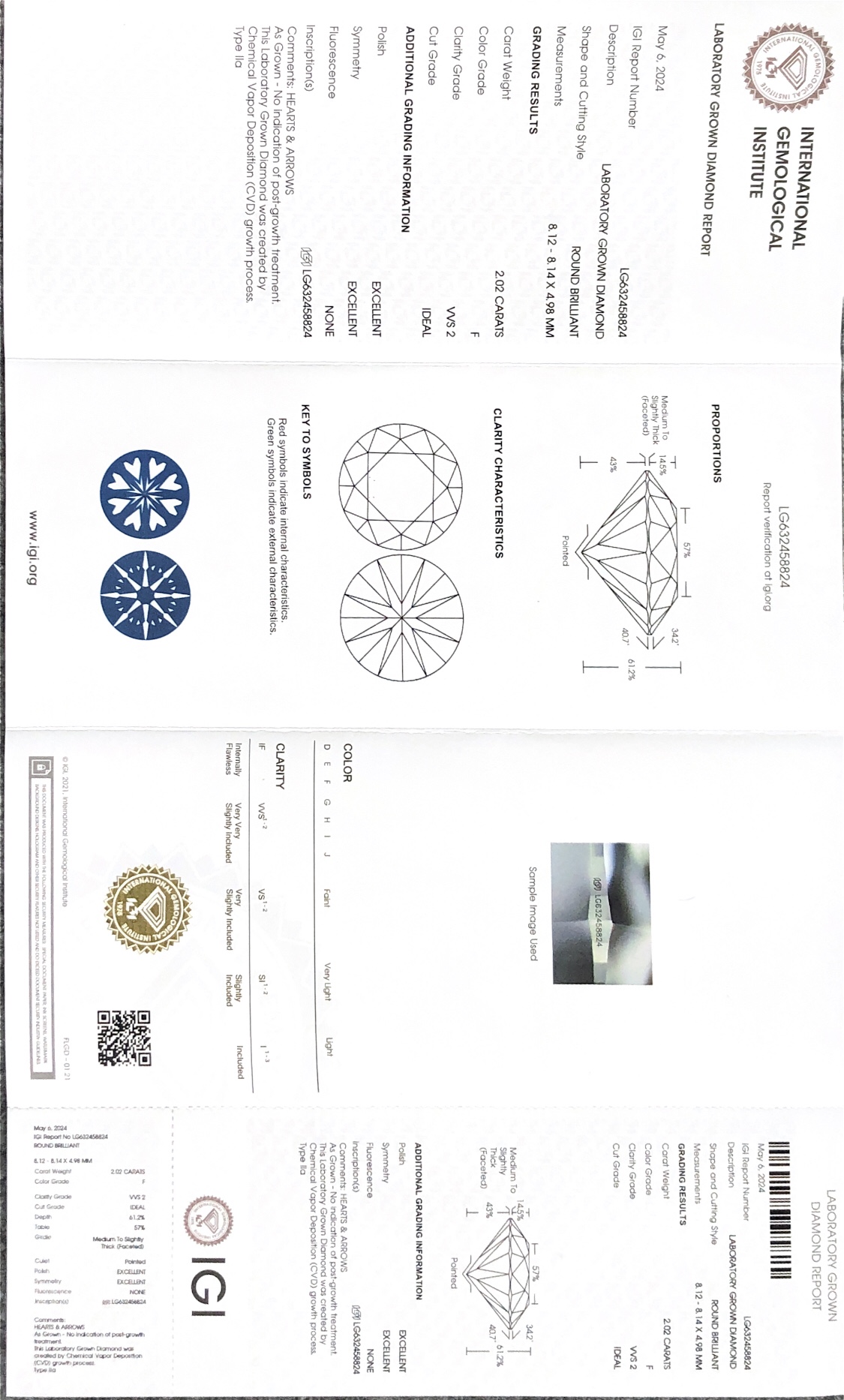 Lab Grown Diamond IGI CVD LG632458824 2.02CT F VVS2 ID EX EX 8