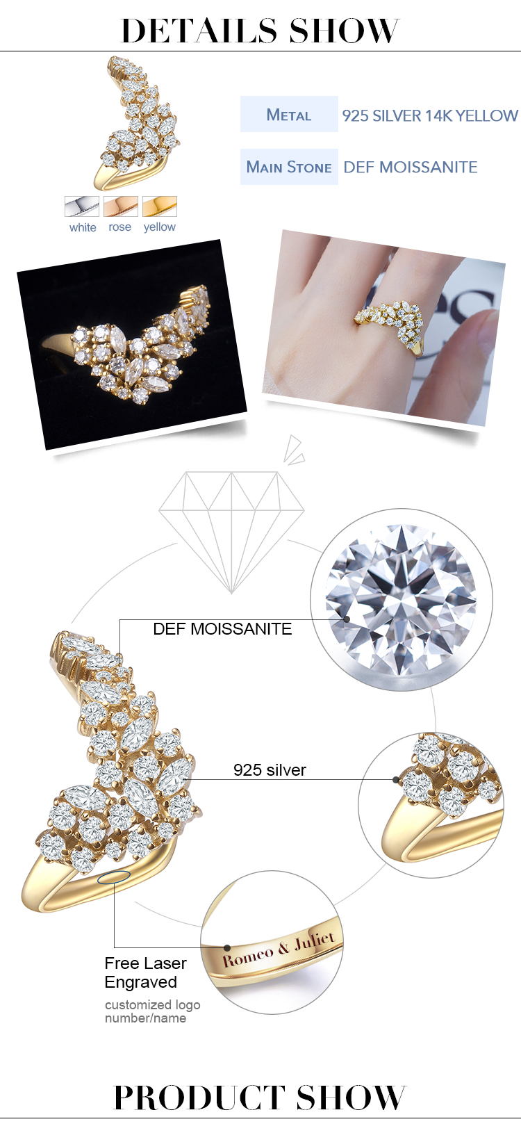 Messi Jewelry - Messi Jewelry 925 Sterling Silver 3.5X1.75mm Marquise Cut DEF Color Moissanite Diamond Ring For Women Rings 12