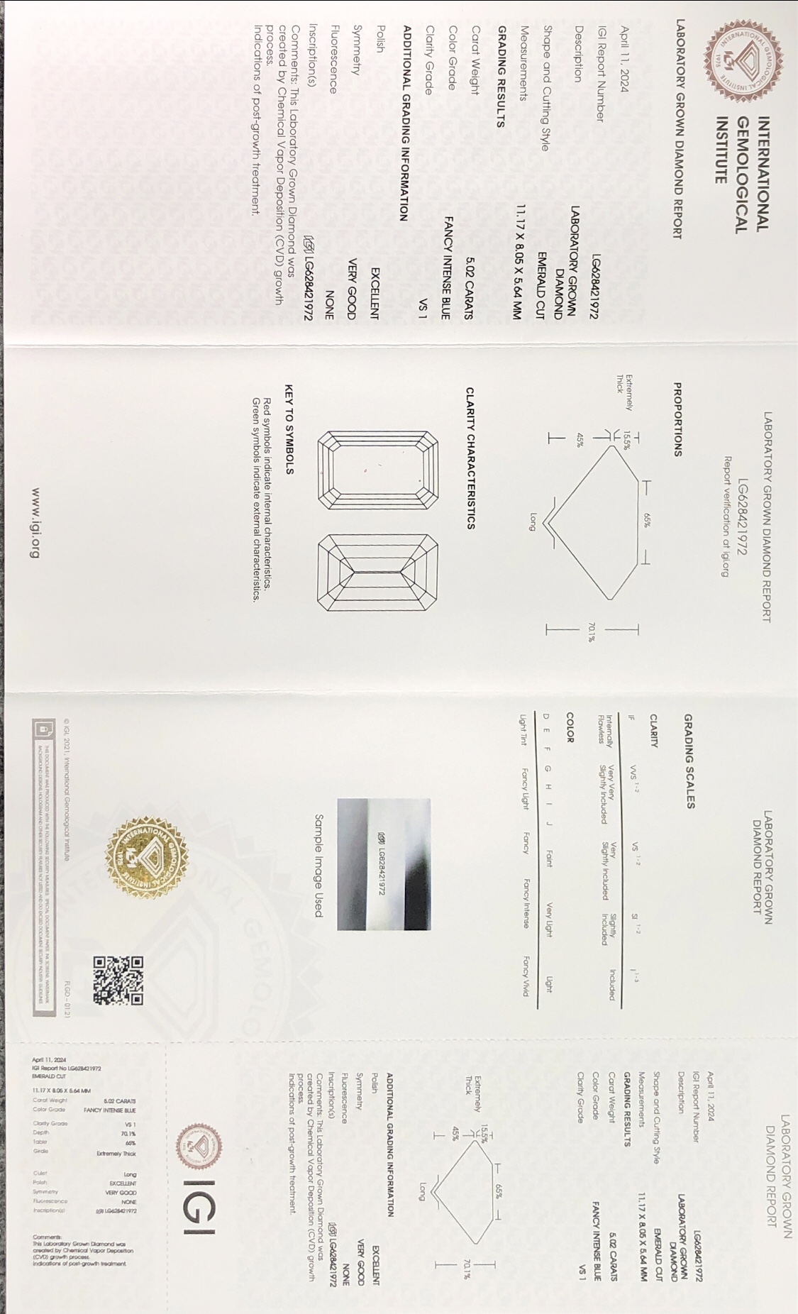 Messi Alahas CVD LG628421972 Fancy Intense Blue Emerald Cut 5CT VS1 EX VG Lab Grown Diamond 9