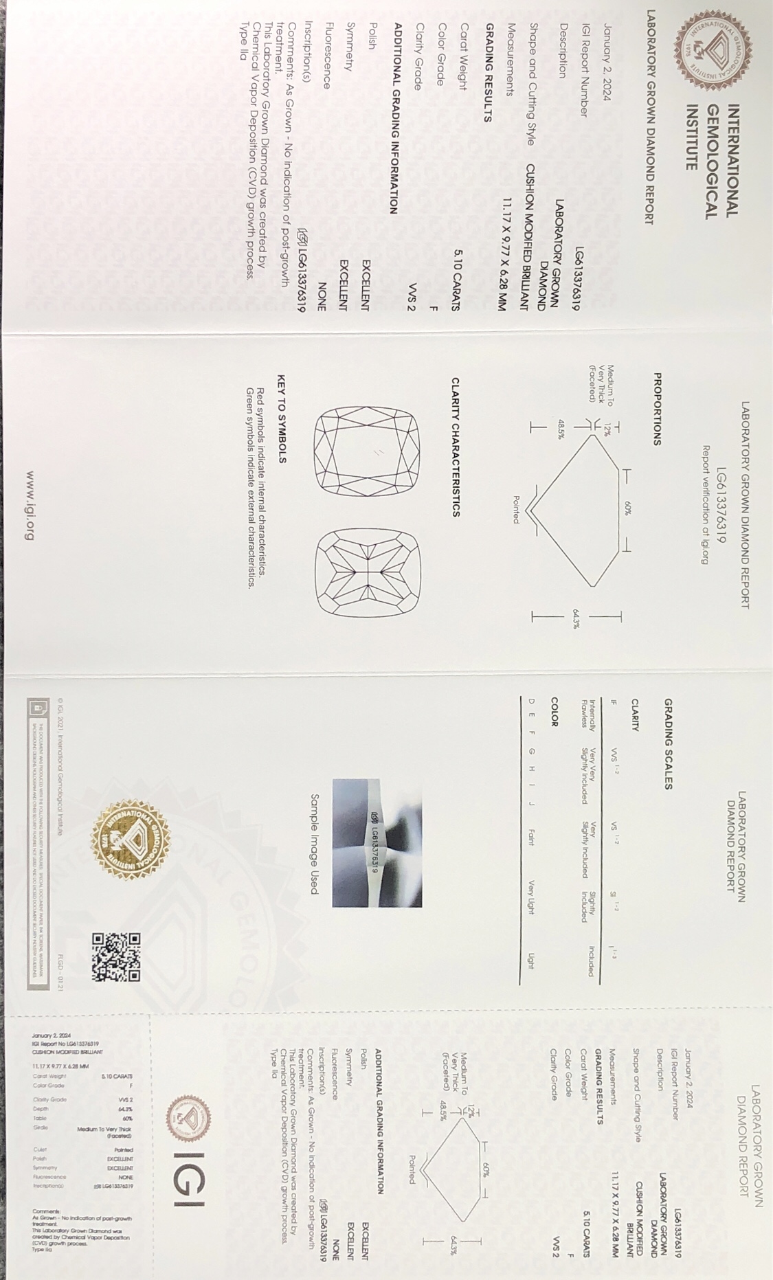 IGI Certificate 5.1CT F VVS2 EX EX Cushion Modified Brilliant CVD Lab Grown Diamond 8