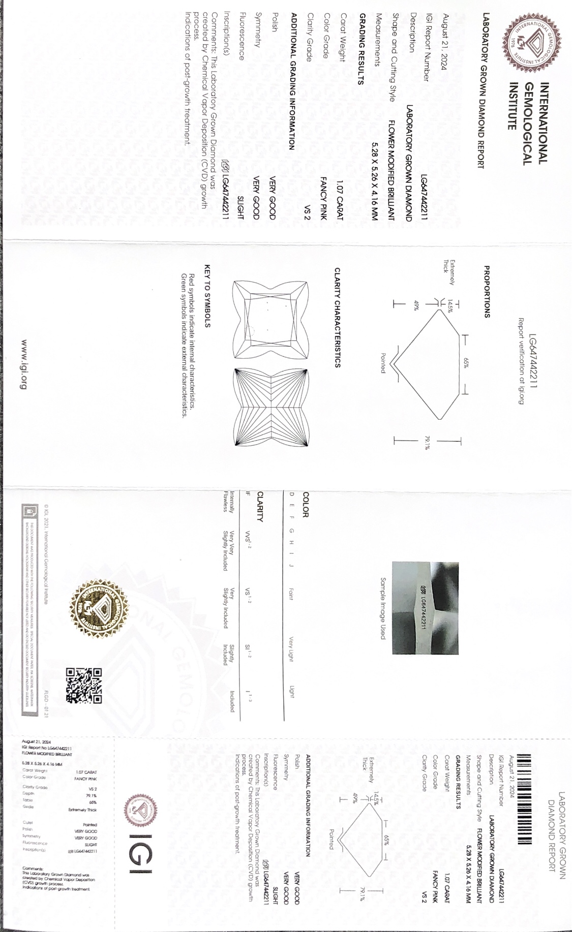 Fancy Pink Flower Modofied Brilliant 1.07CT VS2 VG VG IGI Lab Grown Diamond 7