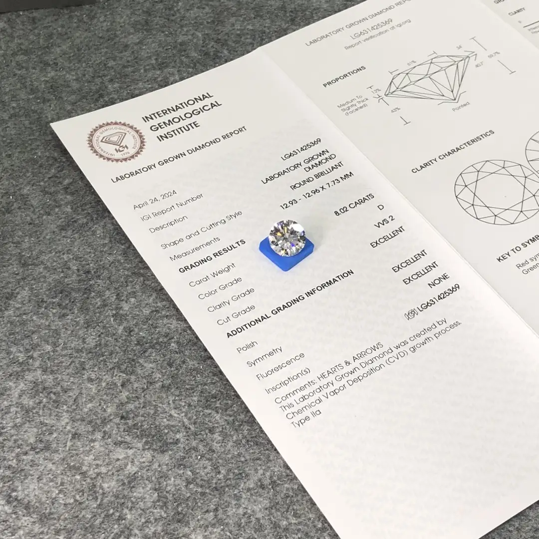 IGI Lab Grown Diamond 8.02CT D VVS2 3EX Round Shape - Authenticity Certified 3