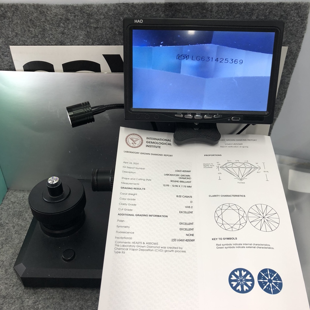 Messi Alahas - Round Shape Heart & Arrow IGI Lab Grown Diamond CVD LG631425369 8.02CT D VVS2 3EX 12