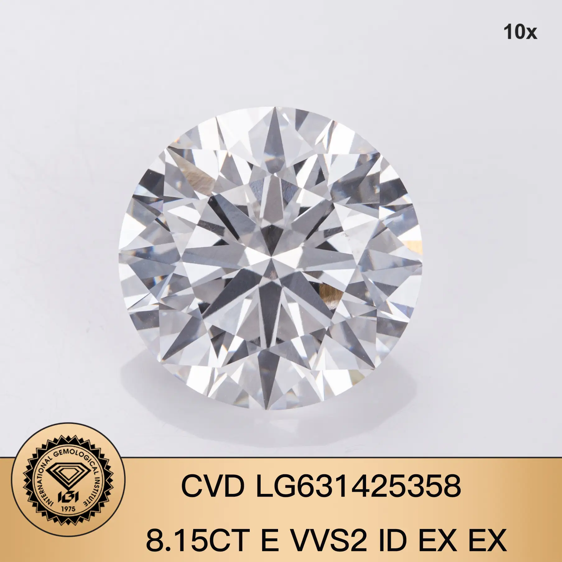 CVD LG631425358 8.15CT E VVS2 ID EX Ex Round Brilliant Cut Lab Grown Diamond con certificato IGI 1