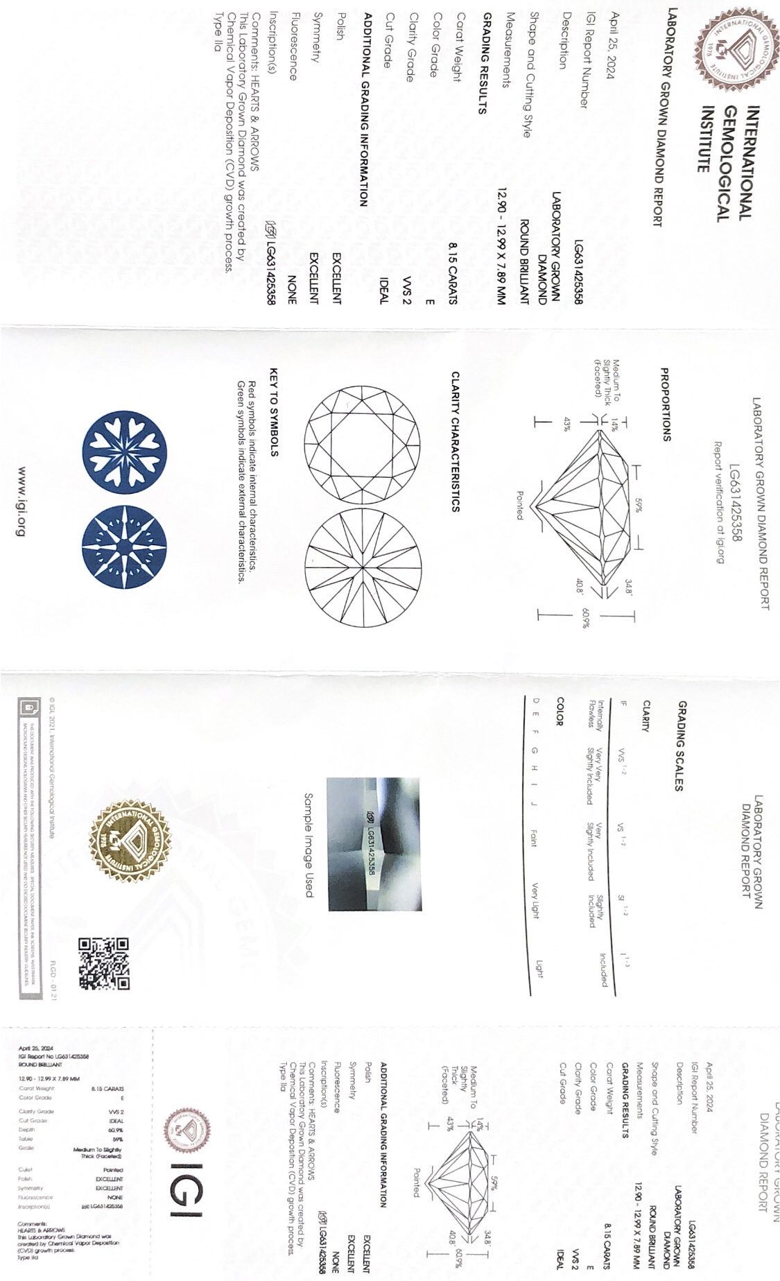 CVD LG631425358 8.15CT E VVS2 ID EX EX Round Brilliant Cut Lab Grown Diamond with IGI certificate 9