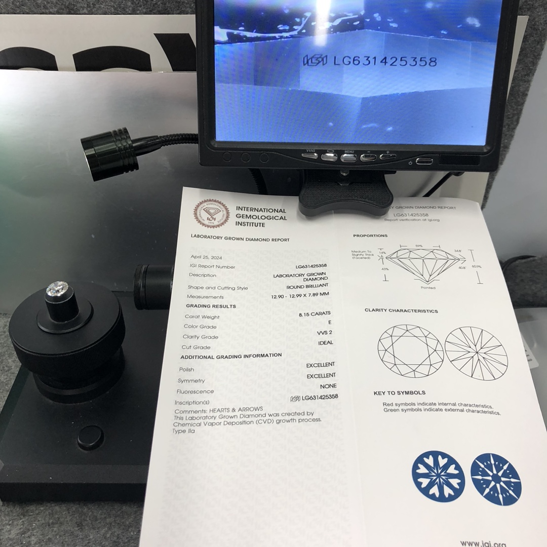 CVD LG631425358 8.15CT E VVS2 ID EX EX Round Brilliant Cut Lab Grown Diamond with IGI certificate 13