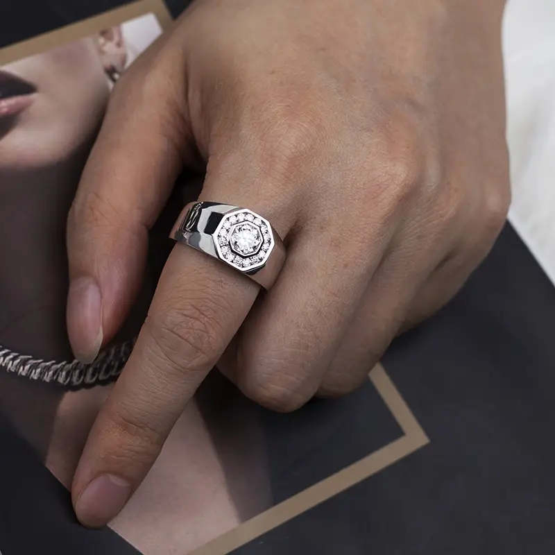 10K White Gold Octagon Cut Moissanite Ring For Men 7