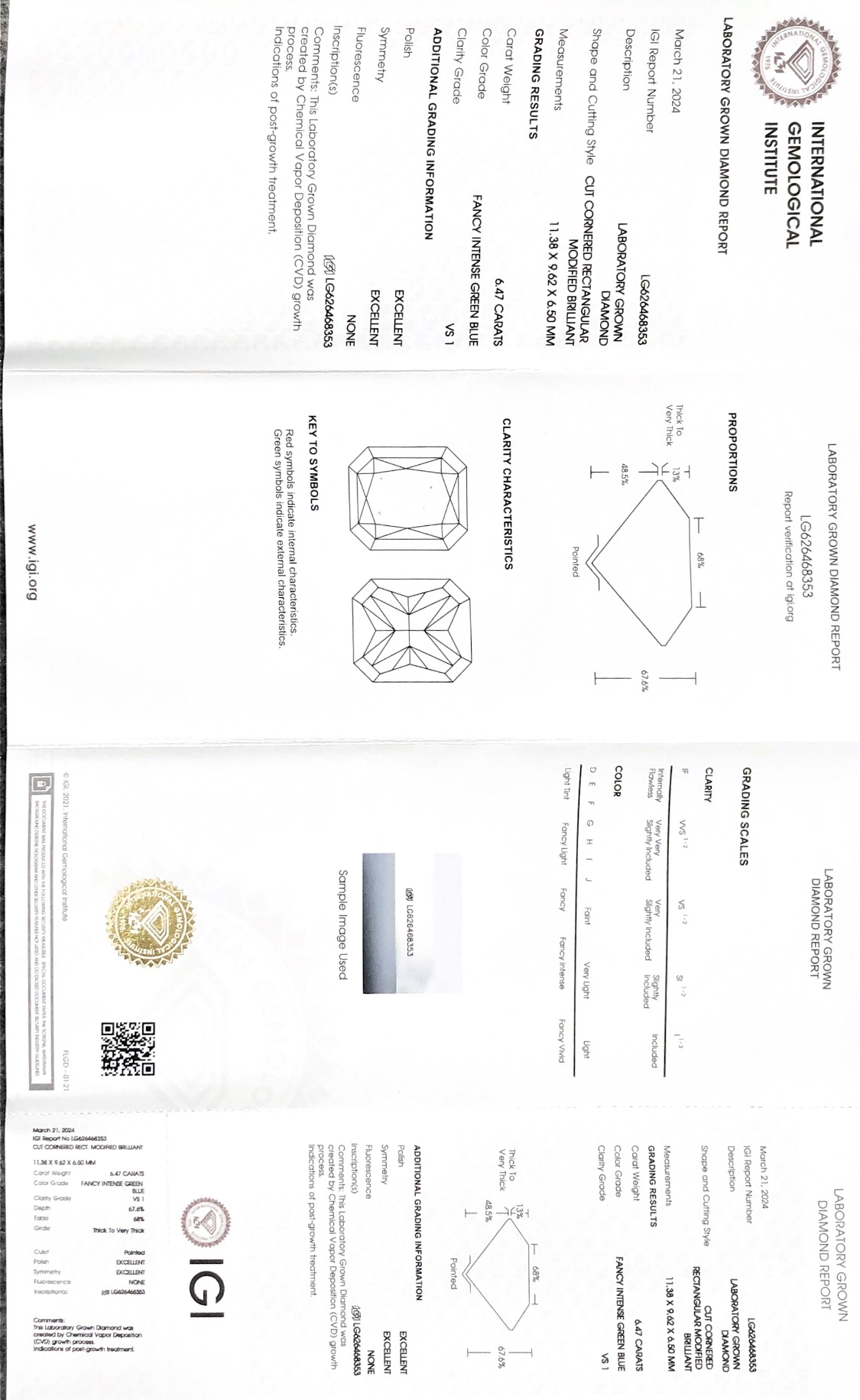 CVD LG626468353 Cut Cornered Rectanglular Modified Brilliant Fancy Intense Green Blue 6.47CT VS1 EX EX Lab Grown Diamond 9