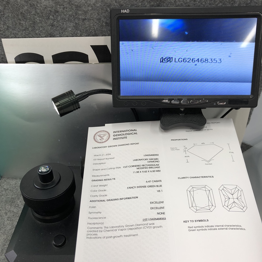 CVD LG626468353 Cut Cornered Rectanglular Modified Brilliant Fancy Intense Green Blue 6.47CT VS1 EX EX Lab Grown Diamond 13