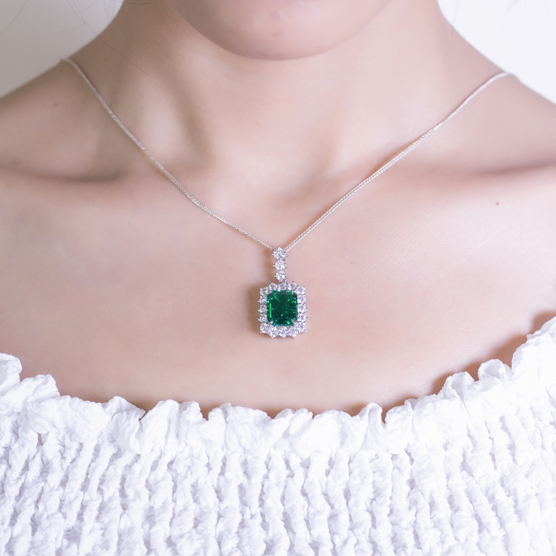 Messi Jewelry - Messi Jewelry 18k white Gold emerald cut lab grown emerald pendant necklace Lab Created Emerald Jewelry 8