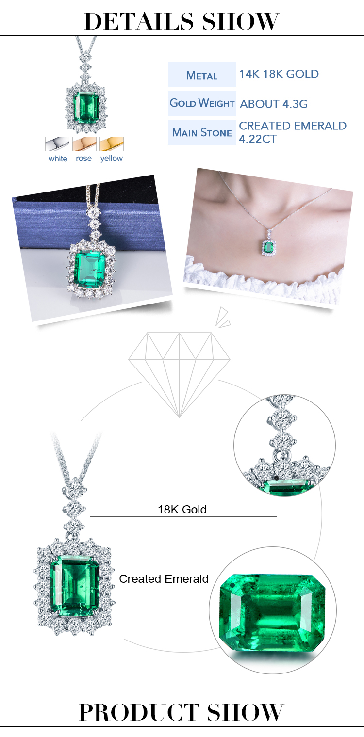 Messi Jewelry - Messi Jewelry 18k white Gold emerald cut lab grown emerald pendant necklace Lab Created Emerald Jewelry 14