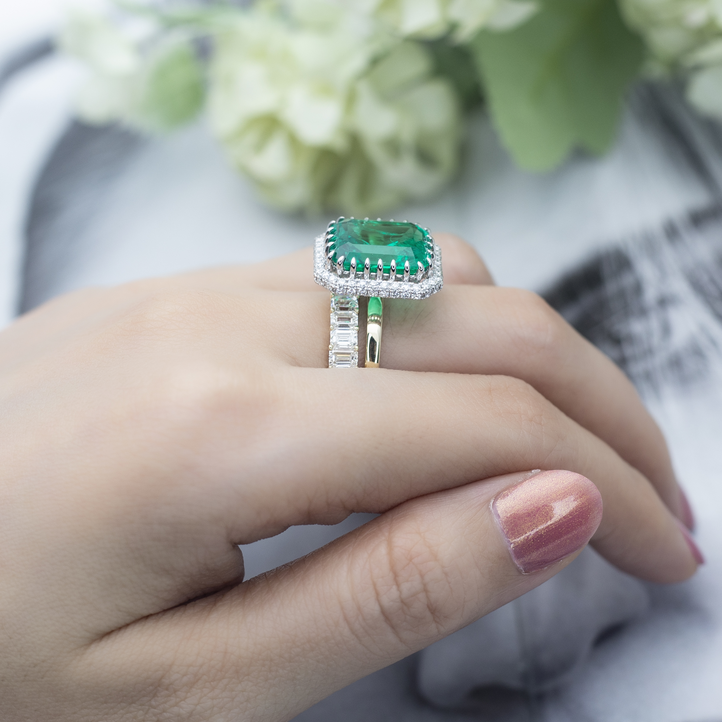 Messi Jewelry - Messi Gems 18k yellow gold 8-10ct lab emerald Emerald cut and 5ct moissnaite diamond ring set Rings 9