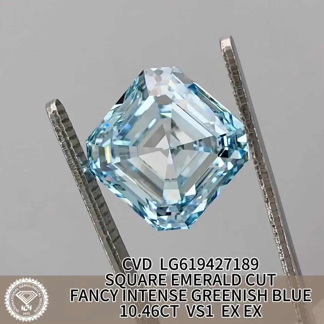 10.46CT Fancy Greenish Blue Square Emerald Cut Lab Grown Diamond with IGI Cert 6