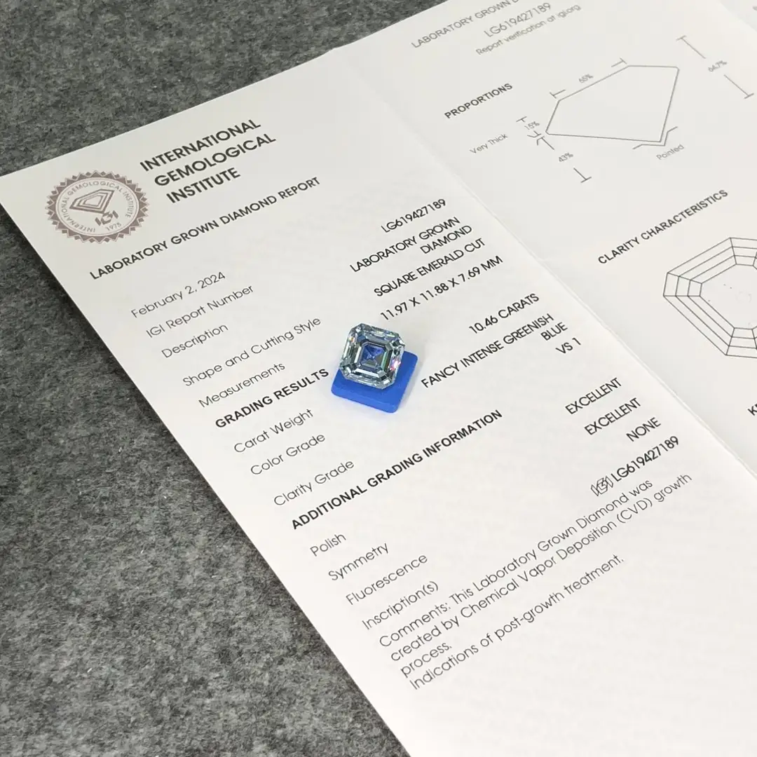 10.46CT Fancy Greenish Blue Square Emerald Cut Lab Grown Diamond with IGI Cert 4
