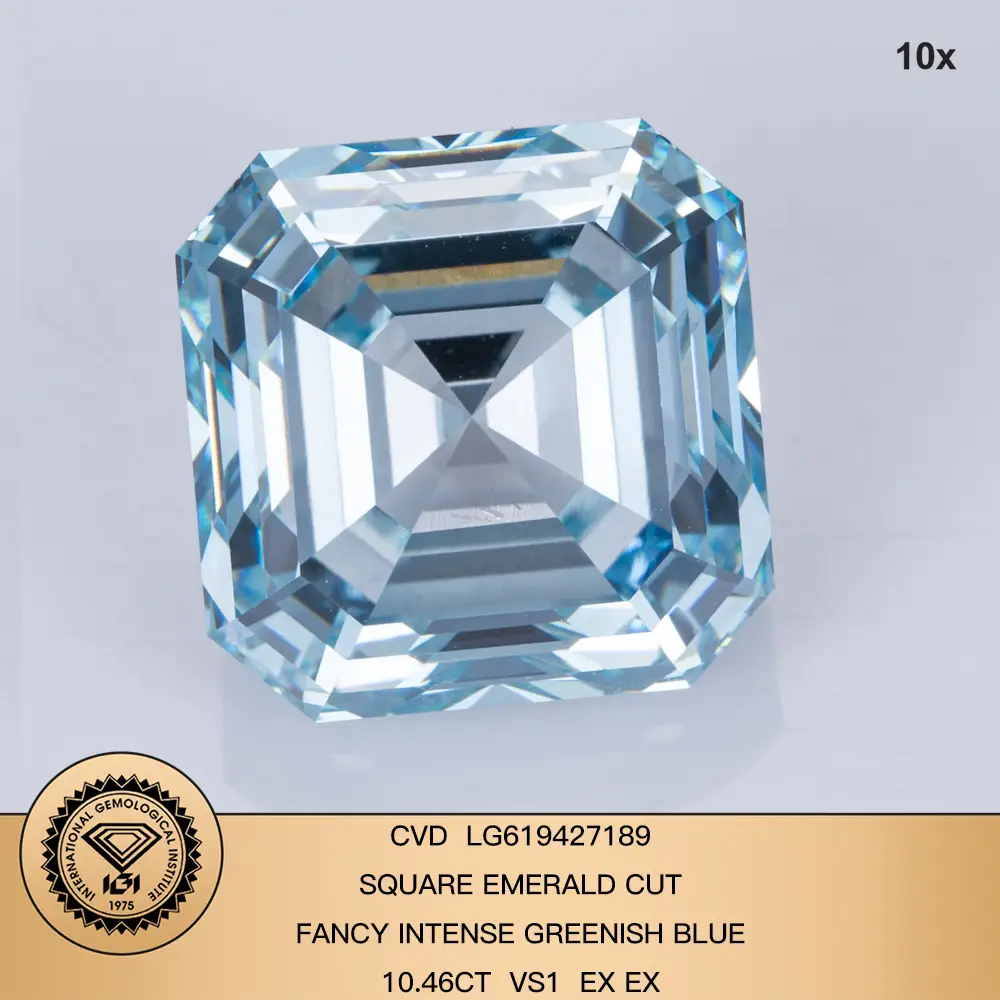 10.46CT Fancy Greenish Blue Square Emerald Cut Lab Grown Diamond with IGI Cert 5