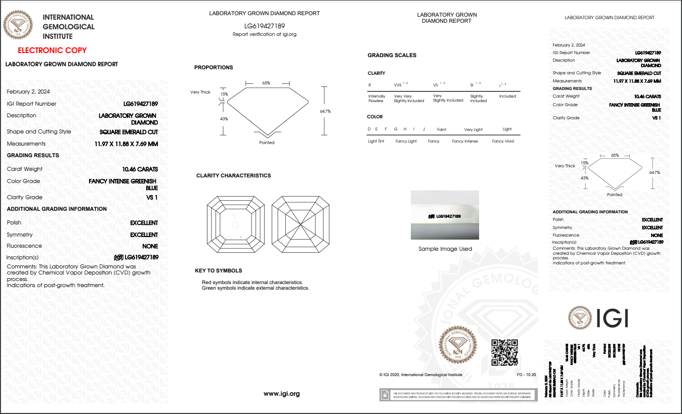 Messi Jewely-Fancy Intense Greenish Blue 10.46CT Square Emerald Cut VS1 Grade CVD Lab Grown Diamond with IGI certificate 9