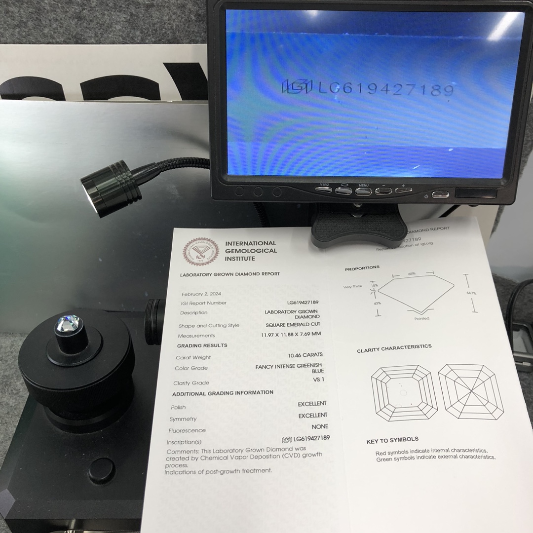 Messi Jewely-Fancy Intense Greenish Blue 10.46CT Square Emerald Cut VS1 Grade CVD Lab Grown Diamond with IGI certificate 13
