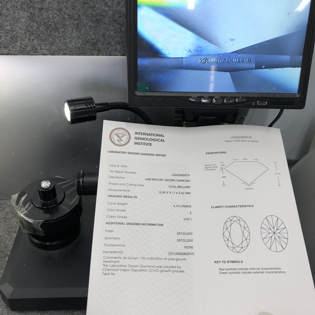 Nindot nga porma CVD White Oval 4.10CT E VVS1 EX EX Lab Diamond nga adunay IGI certificate LG632402919 12