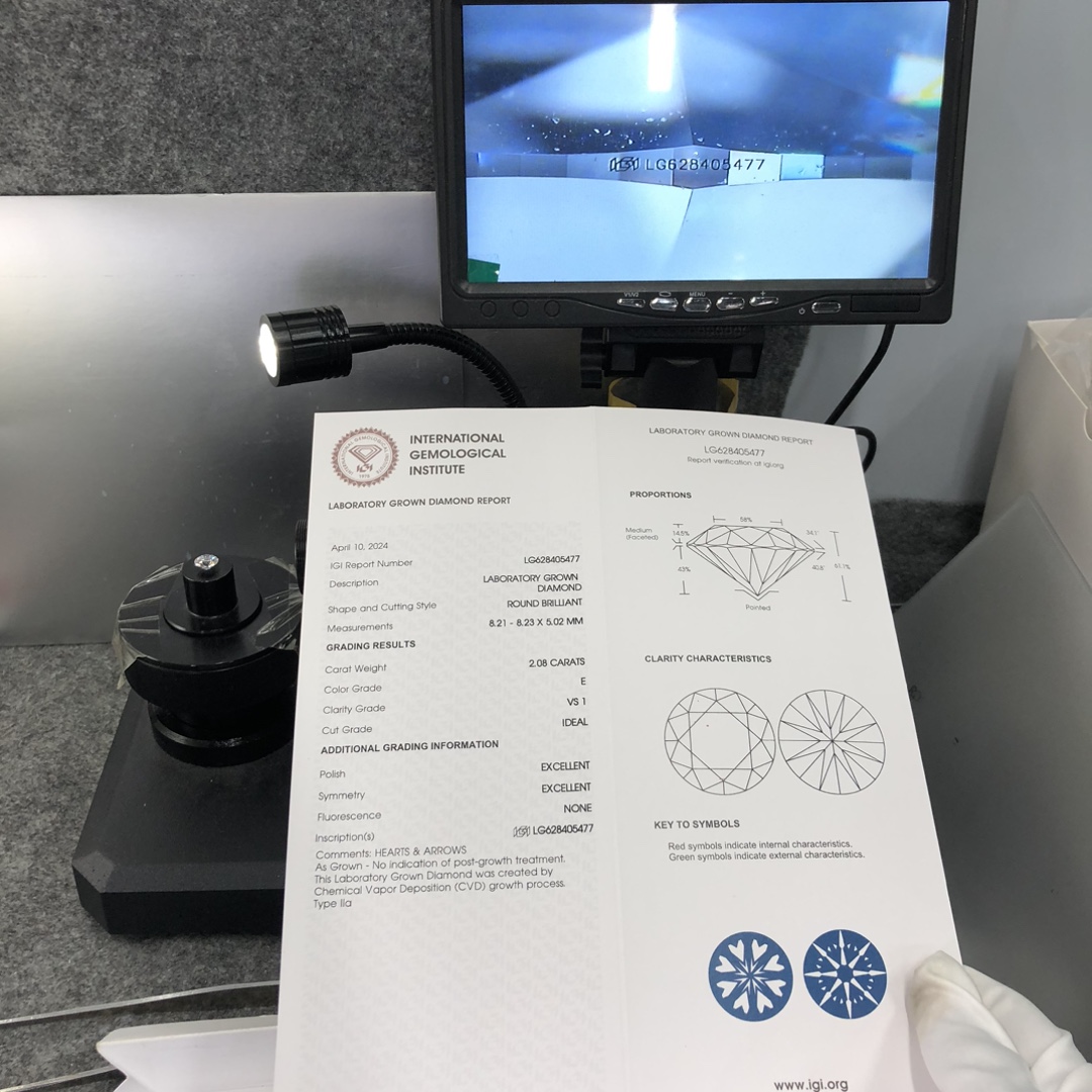 Messi Alahas-CVD Roung Brilliant 2.08carat E VS1 IDEAL EX EX White Lab Diamond 12