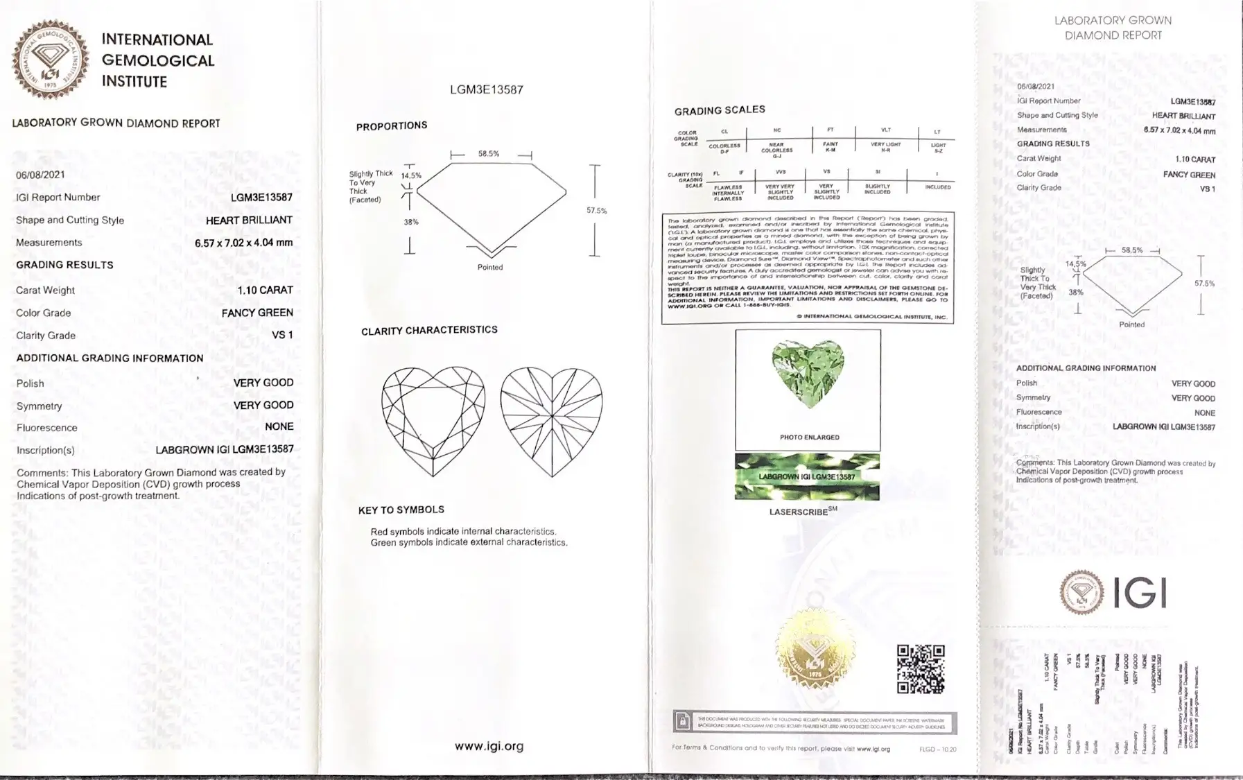 Heart Shape Fancy Green Diamond vs1 1.1ct CVD Lab Grown Diamond - Superior Performance 7