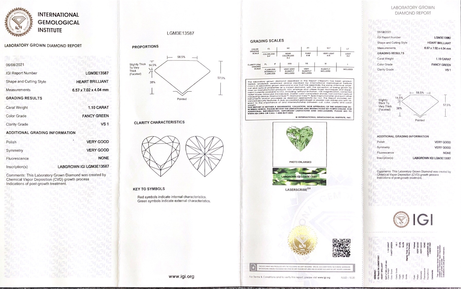 Messi Jewelry - Heart Shape Fancy Green Diamond vs1 1.1ct CVD Lab Grown Diamond Green 18