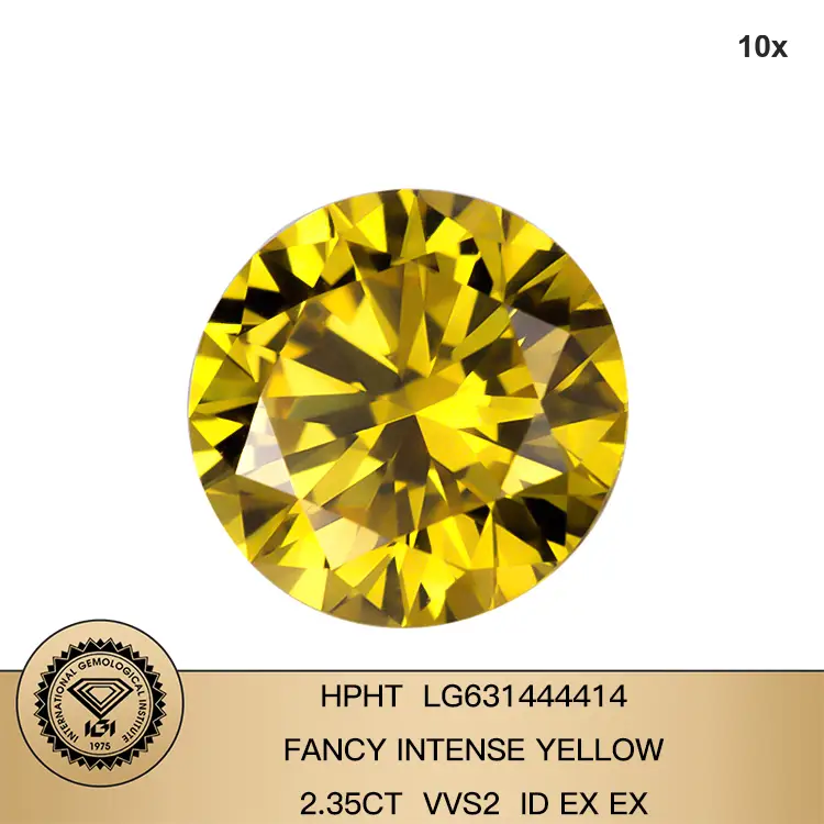 Причудливый интенсивный желтый VVS2 2,35CT Идеальная круглая лаборатория, выращенная алмазом с сертификатом IGI 1