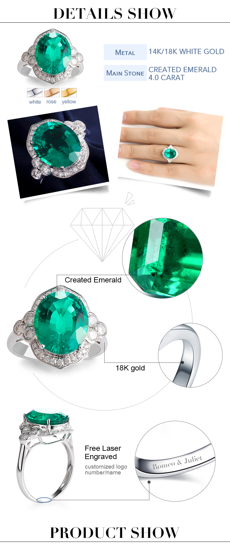 메시 쥬얼리 - 메시 보석 골동품 반지 에메랄드와 모시나이트 14K 18K 화이트 골드 보석 여성 약혼 결혼식 후광 반지 8