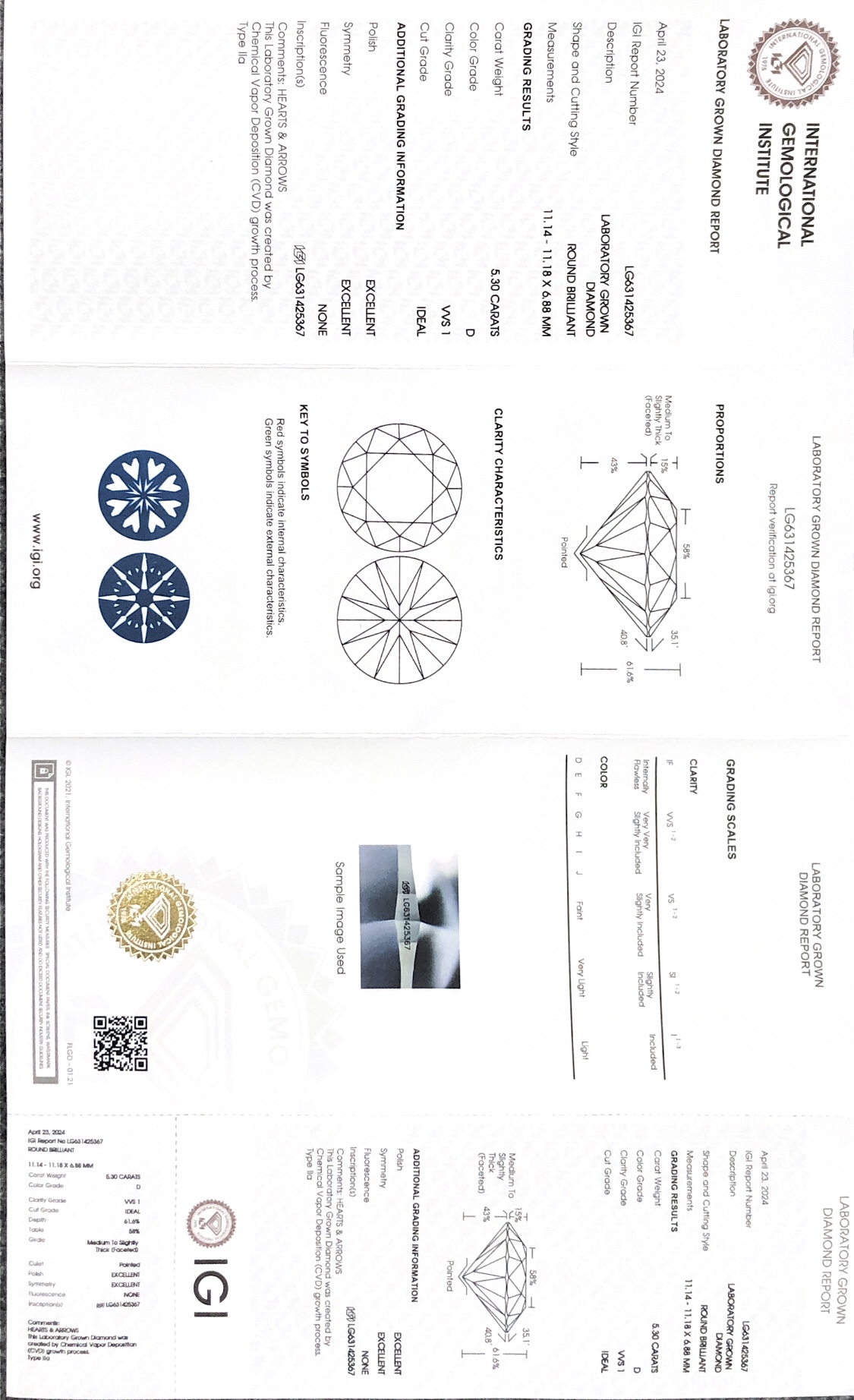 CVD Lab Grown Diamond with IGI certificate 5.30CT D VVS1 ID Cut EX EX Grade Round Shape 9