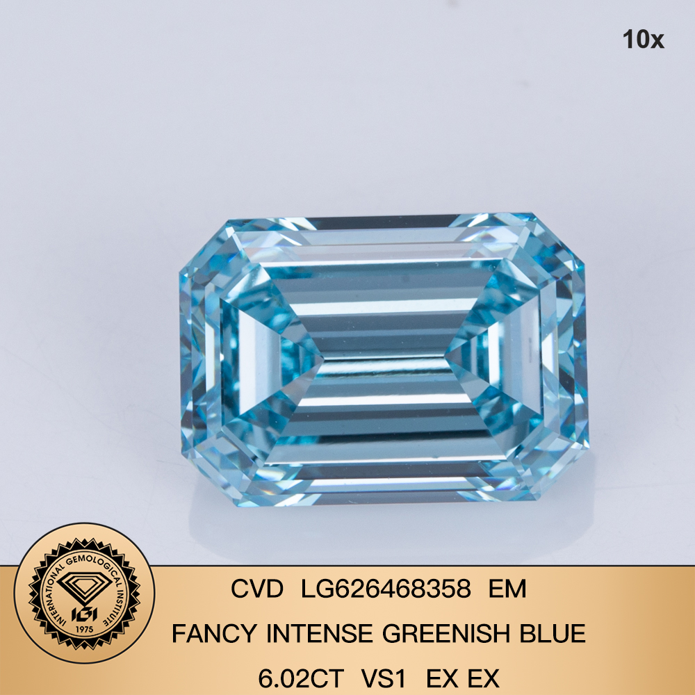 Loose Diamond CVD 6.02CT EX Fancy Intense Greenish Blue Emrald Cut Lab ...