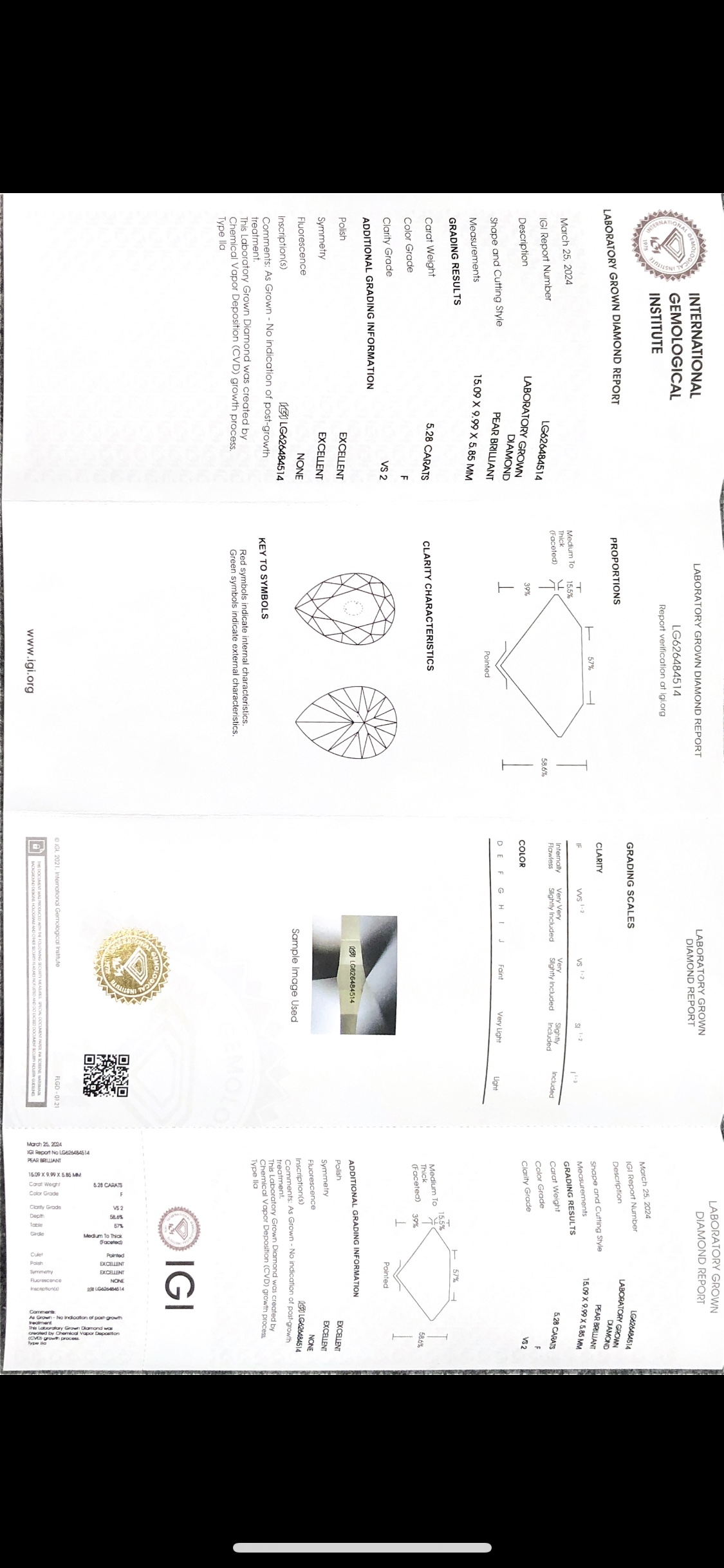 Pear Cut 5.28CT F VS2 CVD Diamond Lab Grown Diamond IGI Certificate 6