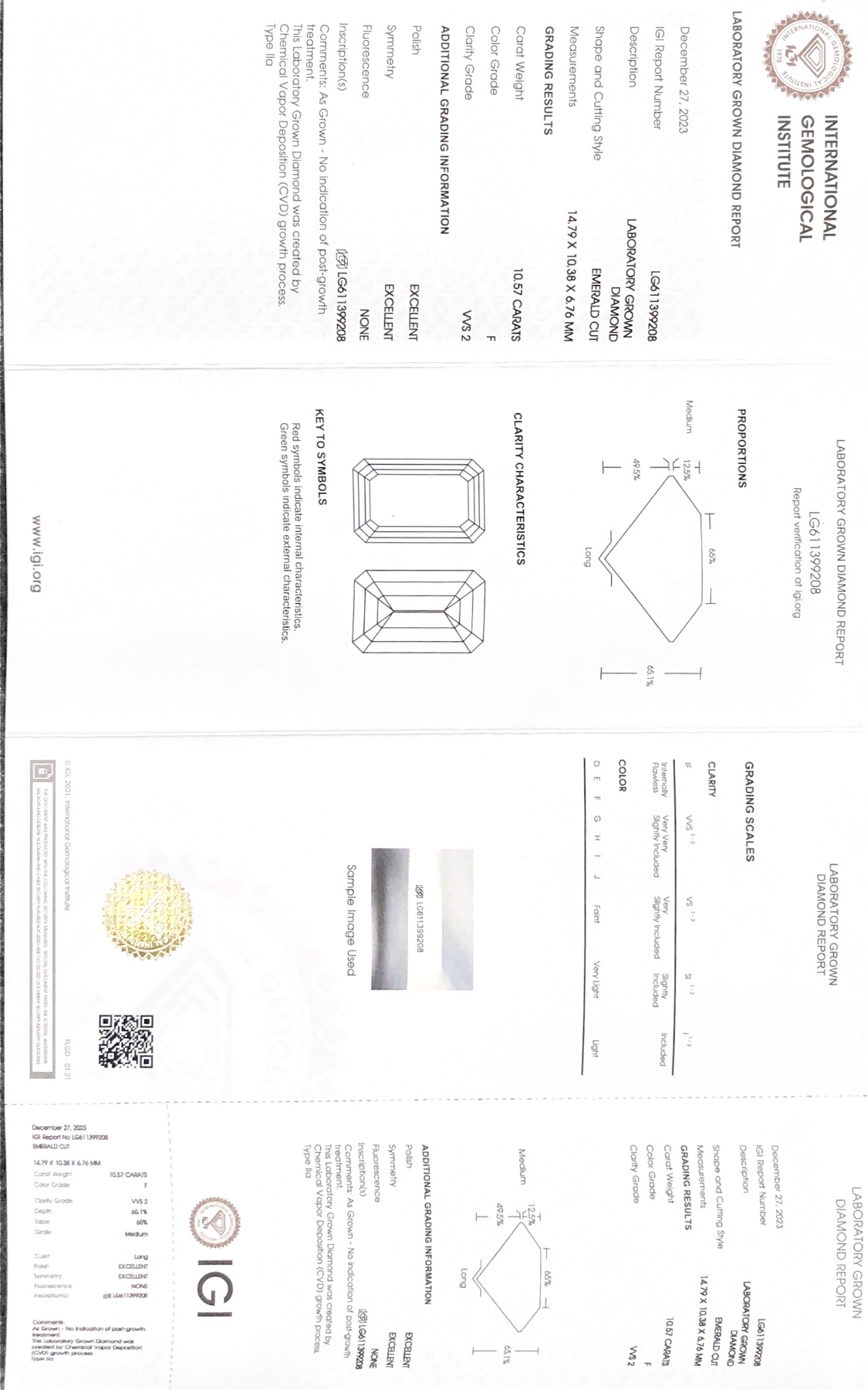 Talagsaon nga Emerald Cut F VVS2 10.57CT EX EX CVD LG611399208 Lab Grown Diamond IGI Certificate 9