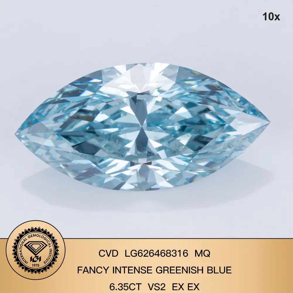 Personalizza la forma in marchese fantasia intenso blu verdastro 6.35ct vs2 ex laboratorio coltivato diamante con certificato IGI 1