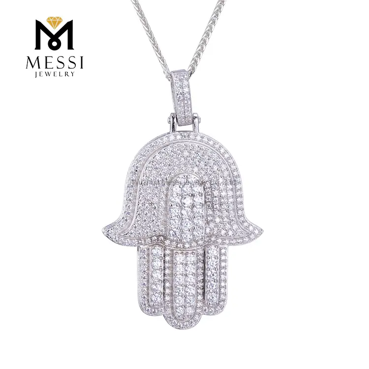 Gioielli Messi - Messi Jewelry 925 Sterling in argento ghiacciato Diamond Bling Hip Hop Soppant Hamsa a ciondolo a sospensione a ciondolo MOissante Ciondolo 1