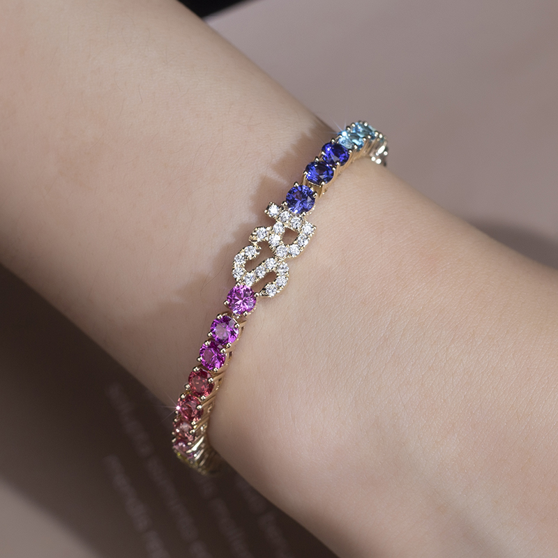 Messi Jewelry - Messi Jewelry 9k yellow Gold Rainbow sapphire diamond lab grown pink blue yellow red corundum Tennis bracelet trendy look Custom Jewelry 12