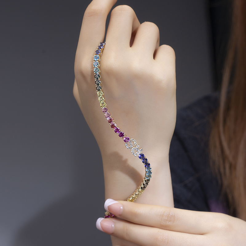 Messi Jewelry - Messi Jewelry 9k yellow Gold Rainbow sapphire diamond lab grown pink blue yellow red corundum Tennis bracelet trendy look Custom Jewelry 11