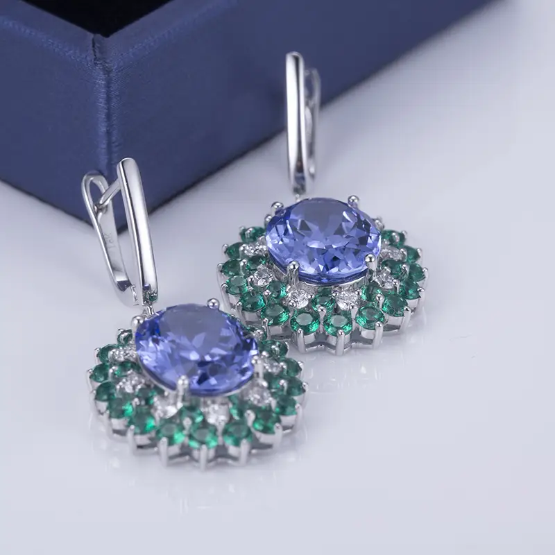 18K White Gold Lab Grown Sapphire & Emerald Drop Earrings 4
