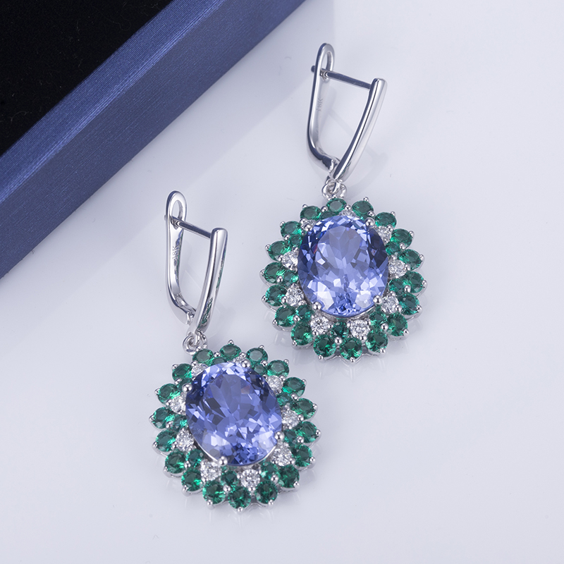 18K White Gold Lab Gitubo nga Sapphire & Emerald Drop Earrings 8