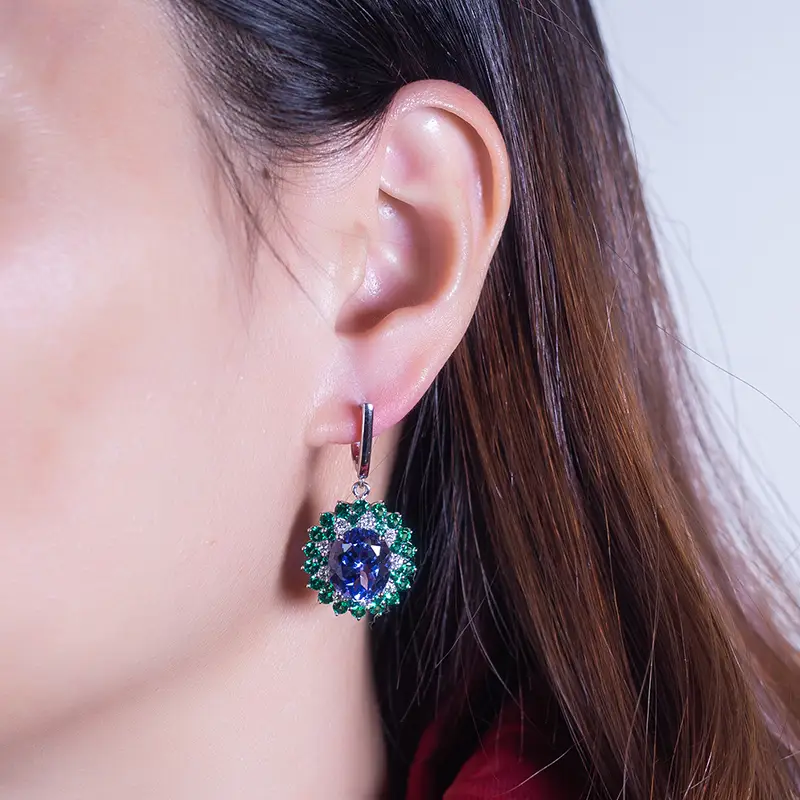 18K White Gold Lab Grown Sapphire & Emerald Drop Earrings 6