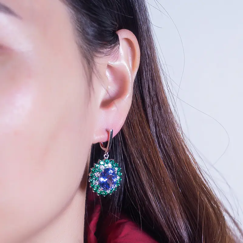 18K White Gold Lab Grown Sapphire & Emerald Drop Earrings 7