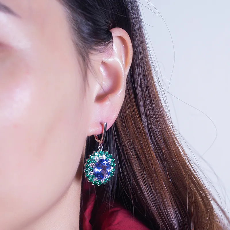 18K White Gold Lab Grown Sapphire & Emerald Drop Earrings 7
