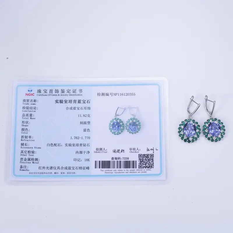 18K White Gold Lab Grown Sapphire & Emerald Drop Earrings 5