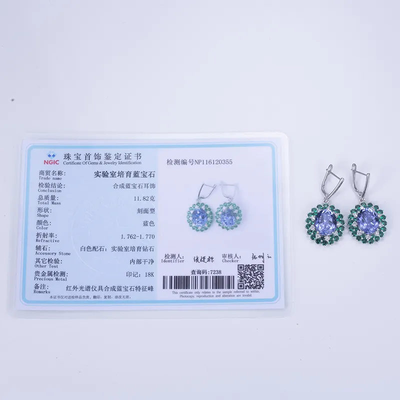 18K White Gold Lab Grown Sapphire & Emerald Drop Earrings 5