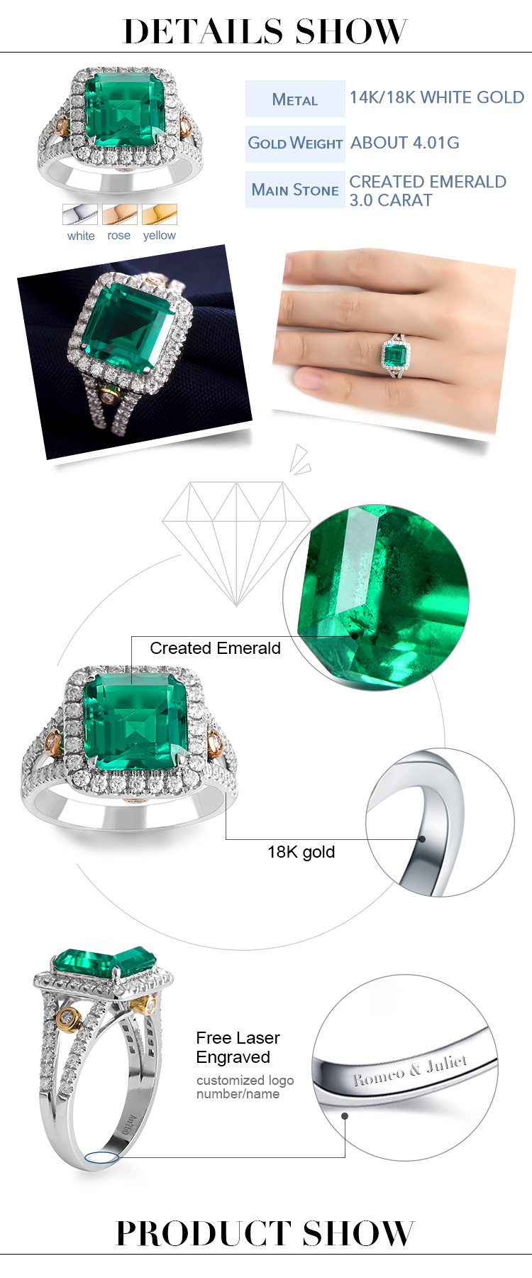 Messi Alahas - Messi Alahas cushion giputol 3ct esmeralda nga singsing nga pakyawan nga alahas sa 14k 18k nga bulawan nga esmeralda nga engagement ring sa kasal 10