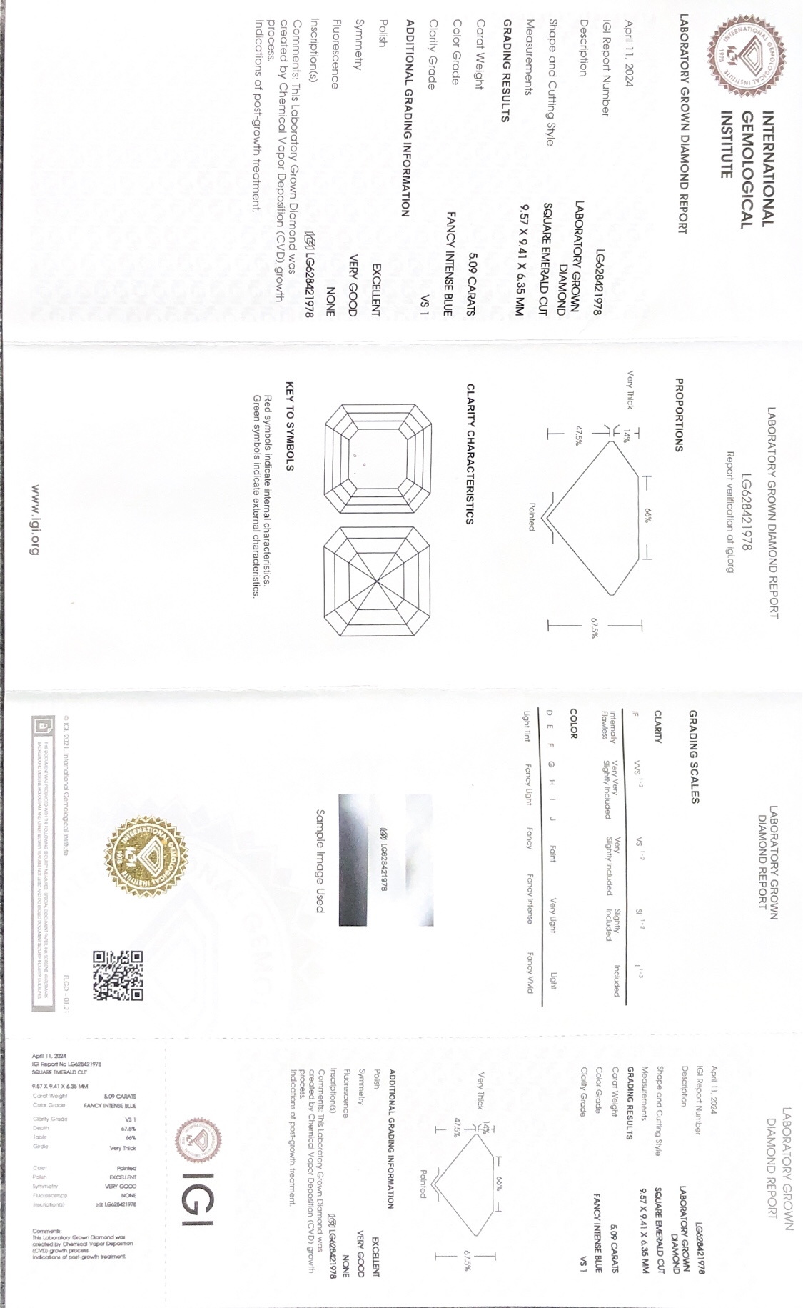 CVD LG628421978 Square Emerald Cut Fancy Intense Blue 5.09CT VS1 EX VG Lab Grown Diamond 9