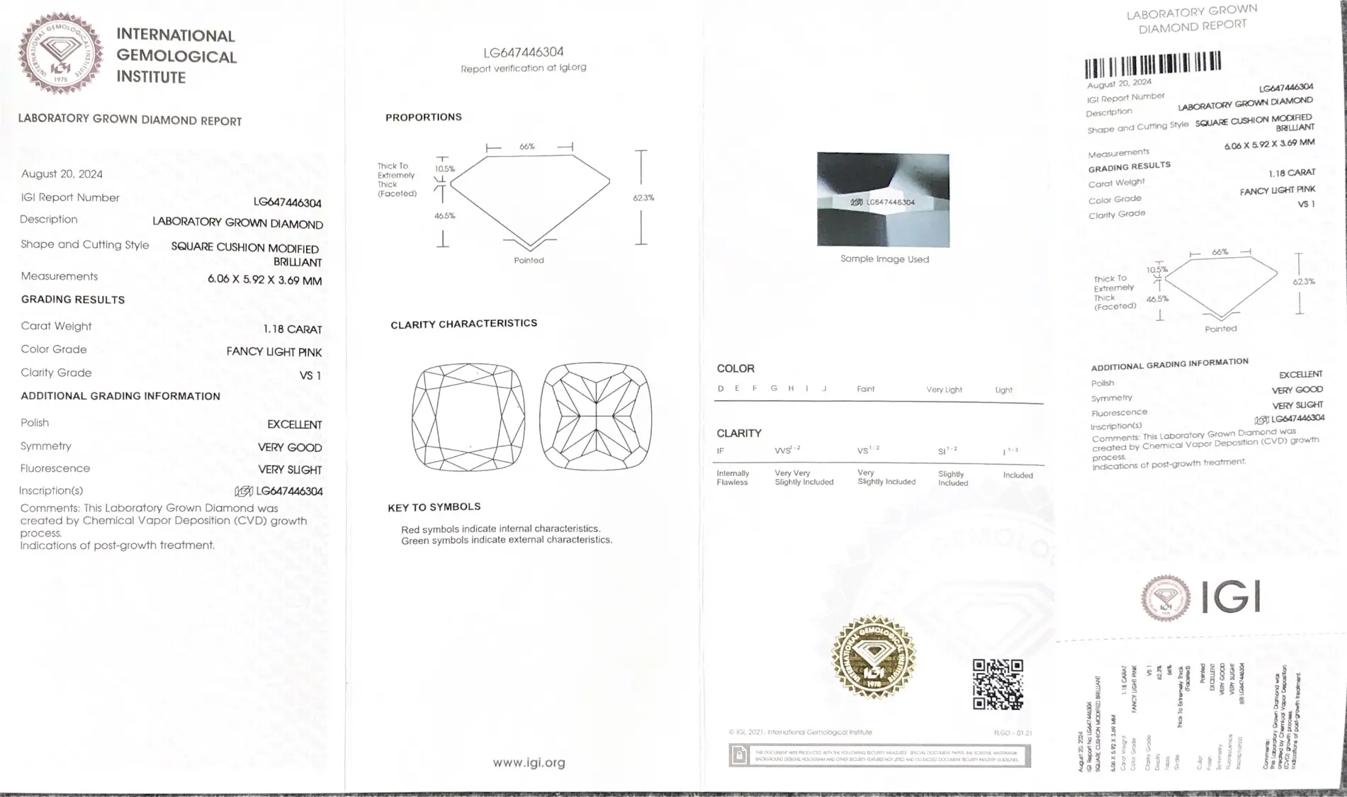 1.18CT Light Pink Cushion Cut Lab Grown Diamond - IGI Certified 3