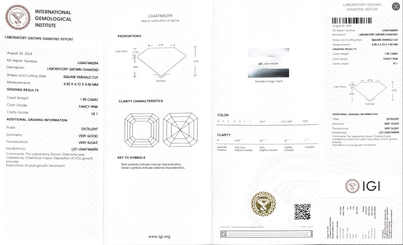 IGI Certificate Fancy Pink 1.90CT VS1 EX VH Lab Diamond LG647446294 | Messi Alahas 8