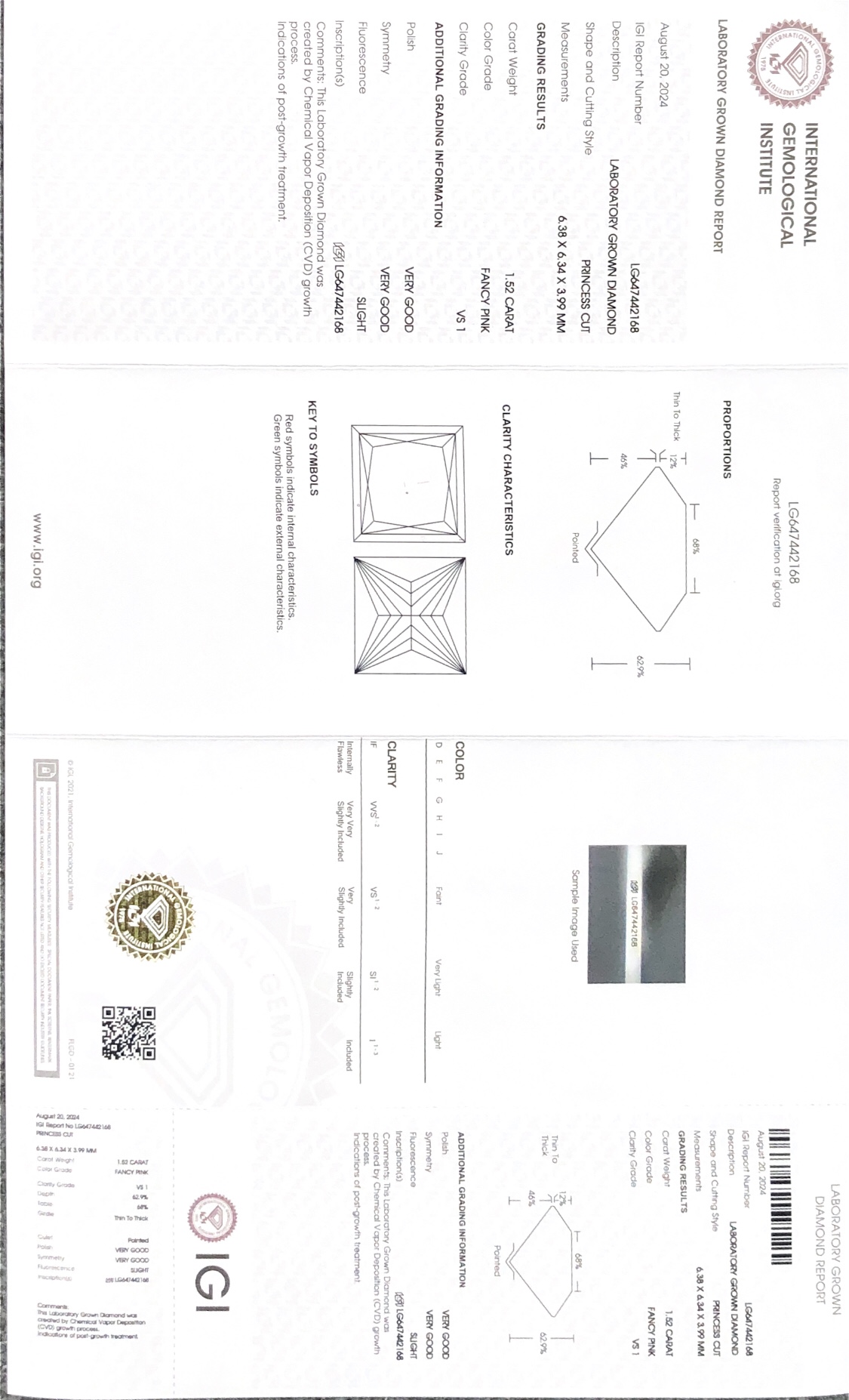 Princess Square CVD LG647442168 Fancy Pink 1.52CT VS1 VG VG 8