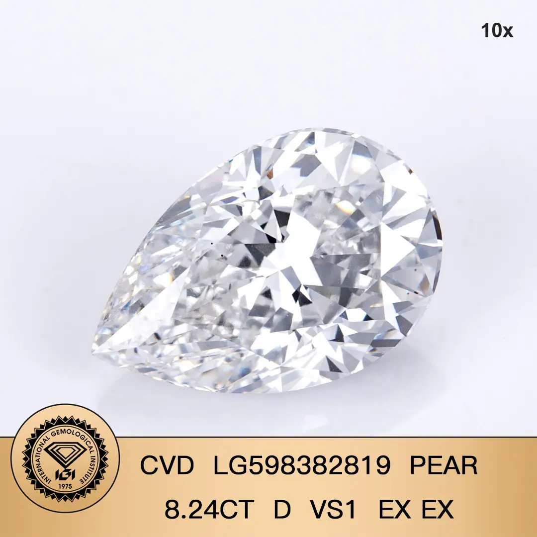 Diamond di laboratorio di pera 8.24ct D VS1 CVD Lab Grown Diamond con certificato IGI 1