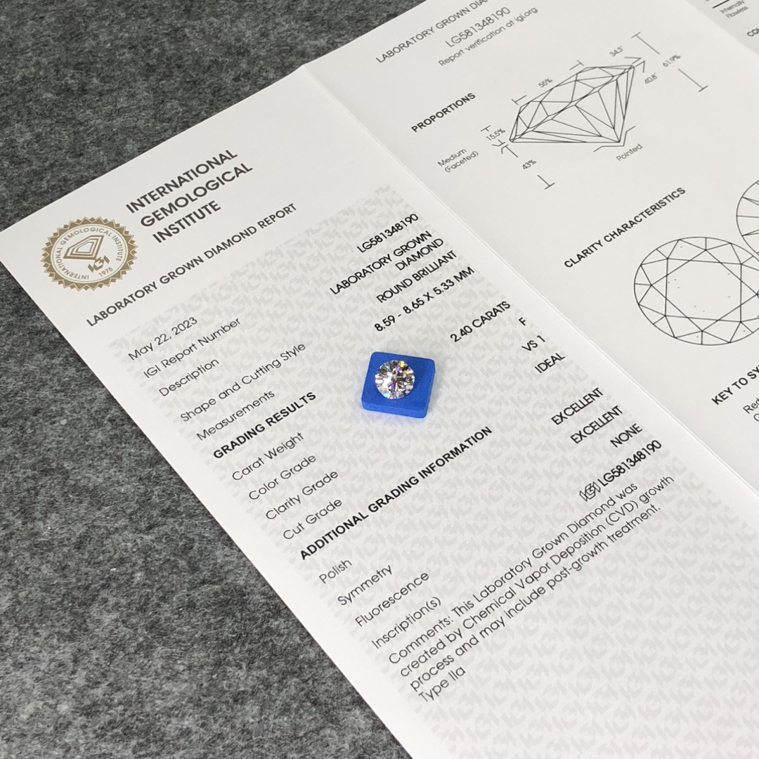 Pusingan Brilliant Cut 2.4ct F VS1 CVD Diamond Lab Grown Diamond IGI Certificate 9