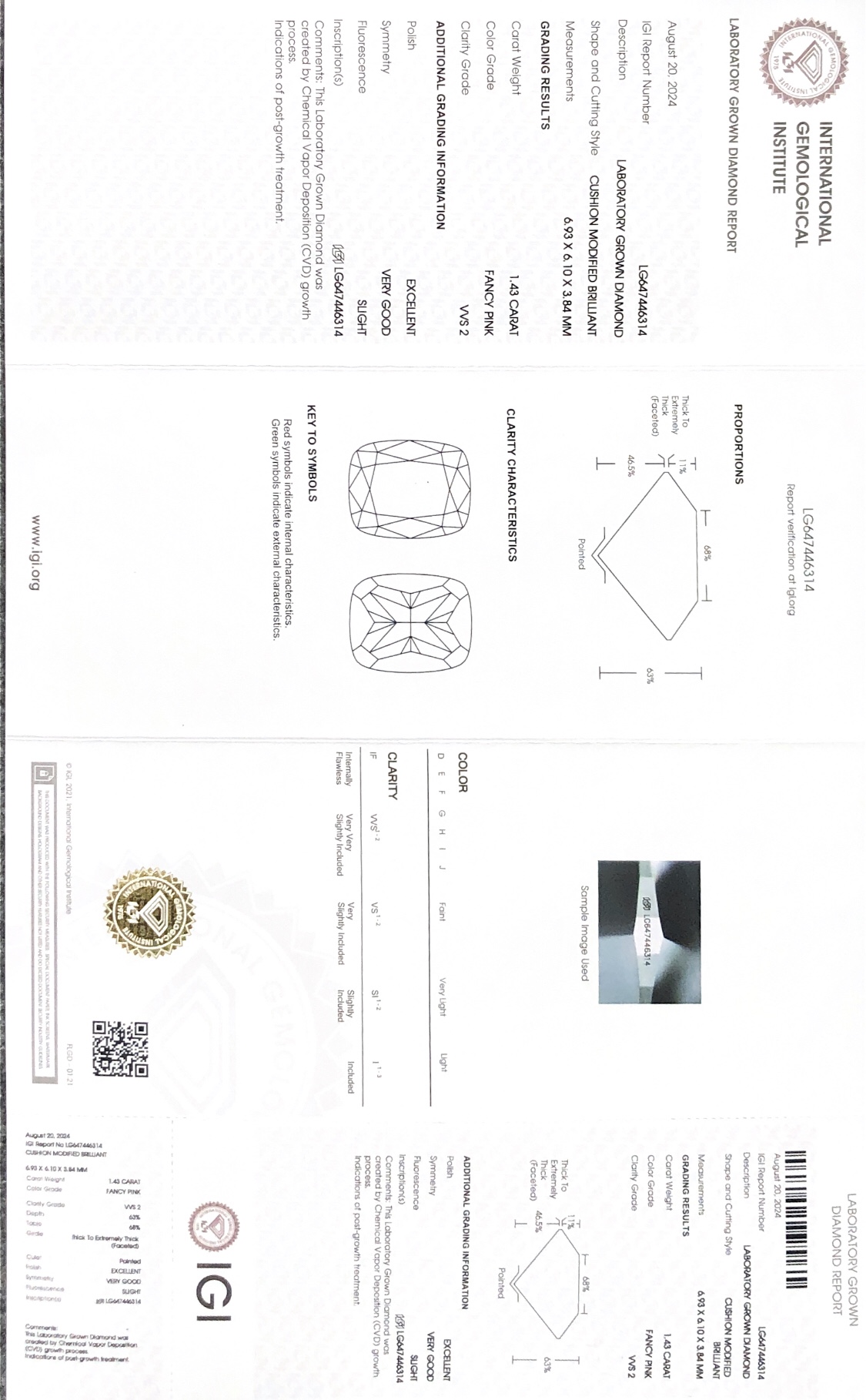 Lab Grown Diamond CVD LG647446314 Cushion Modified Brillant Pink 1.43CT VVS2 EX VG 8
